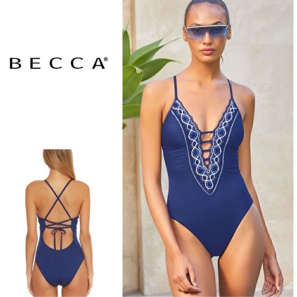 New. BECCA blue plunge neck with crochet swimsuit. Small
